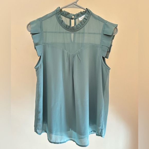 Monteau Los Angeles Tops - Monteau LA Sage Green Ruffle Sleeveless Blouse | Women S | Sheer Yoke Flowy Top